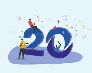 Graphic design created for Central Technology to celebrate 20 years in the IT business. It features a 3D "20" with a few figures drinking from party cups with confetti in the air.